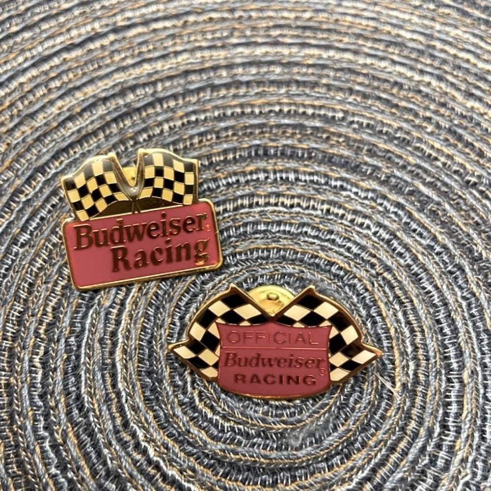 Budweiser Racing Pins, collection of 2, vintage, excellent condition